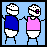 Two pixelated stick figures stand side-by-side against a light blue background, holding hands with arms extended.