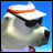 Pixelated dog head wearing white cap with orange stripe and black sunglasses against blue background