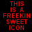Red pixelated text reading "THIS IS A FREEKIN SWEET ICON" displayed across four background variations: black, gray, white, and dark gray.