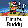 Pixel art pirate character with parrot, sword, and shovel on beach background in two animated frames showing slight pose variation.