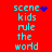 Red background with cyan text reading 'scene kids rule the world' and blue pixelated symbols changing across frames.