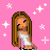 Pixel art buddy icon featuring a cartoon woman with long brown hair in a white crop top against a pink background with star shapes, displaying text about love and the word "Baby".