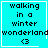 Four cyan square display pixelated text 'walking in a winter wonderland <3' with a heart or star symbol in the bottom-right corner of each