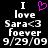 Black background with white pixelated text reading 'I love Sara<3 foever 9/29/09' and a pink heart symbol replacing the word 'love'.