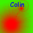 Blue text 'Colin' appears above a red circular glow on green background, with dotted line connecting to smaller red circle below.