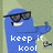 Blue cartoon character wearing dark sunglasses with white teeth, extending right arm, pixelated text 'keep it kool' below, light green background.