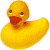 Yellow rubber duck with red beak and black eyes floats among blue bubbles on white background, surrounded by light blue text phrases.