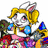 Pixelated cartoon character with blonde pigtails, white face, pink cheeks, blue gem necklace, and colorful layered dress in red, purple, yellow tones.
