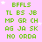 Static image with pink background, green text, and white stars; text repeats 'BFFLS', 'TL BS JB', 'MP GR CH', 'AG JA SK', 'NO ORDA' in pattern