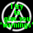 Green pixelated text inside white circular symbols on black background, with one gray