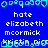 Blue background with white and cyan pixelated text reading hate, elizabeth mcmick, kristin nic, and decorative border elements.
