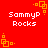 Red background with white text "SammyP Rocks" and orange square corner decorations in a