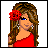 Pixel art buddy icon featuring a cartoon woman with long brown hair and red flower accessory, next to text reading "Dumb Brunette" in gray block letters on white background with red border.