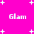 Bright pink background with white pixelated text reading "Glam" repeated four times and scattered white plus signs.
