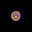 Six spiral icons arranged in two on a black background, each with orange and blue concentric rings forming a clockwise swirl pattern