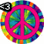 Two side-by-side animated frames of a circular icon featuring a pink peace symbol over a rainbow tie-dye background with a black-and-white '43' in the top-left corner.
