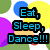 Pixelated icon with colorful overlapping circles and blue text reading "Eat, Sleep, Dance!!!" on a white background.