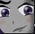 Pixelated close-up of a face with large purple eyes, black eyeliner, and a faint smile on light skin.