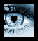 Pixelated close-up of a blue-toned eye with black pupil and dark eyelid, set against blurred background with faint text fragments.
