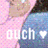 Pixelated image of a person in pink and blue clothing with white text 'ouch' and a star symbol on the right.