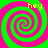 Four identical spiral patterns in green and pink with yellow text 'hey' at each corner on a solid pink background.
