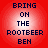 Four identical red circular icons with white gradient centers display dark blue pixelated text reading BRING ON THE ROOTBEER BEN.