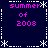 Pixelated graphic with repeated 'summer of 2003' text in pink, white snowflake and dotted-line borders on dark blue background.