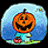 Pixelated pumpkin character with smiling face inside blue circular frame, wearing light blue pants and red shoes.