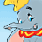 A pixelated cartoon character with gray skin, blue eyes, and a yellow hat holds a red and yellow striped object against a light blue background.