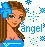 Pixelated cartoon-style icon of a female character with brown hair, blue flower accessory, and blue dress surrounded by blue star-like sparkles on white background.