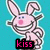 Pixelated pink rabbit with large ears, red nose, and wide smile on cyan background; text overlays change across frames.