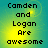 Four identical pixelated text display "Camden and Logan Are awesome" on a gradient background shifting from teal to yellow
