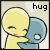 Animated sequence of two cartoon figures embracing, with text labels changing from 'hug' to 'me' and then 'tight' across frames.