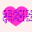 Four identical pink heart-shaped icons with purple text reading "GRACIE!" and a small purple star above the 'A' in each heart, arranged in a on a light pink background