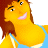 Pixelated cartoon character with brown hair, yellow skin, and a blue garment, smiling with visible teeth against a gray background.