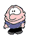 Cartoon character with pink skin, large white eyes, and a wide smile in various poses against gray background.