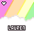 Pixelated icon with pink, orange, yellow, and green diagonal stripes above white clouds; heart symbol changes color while text below shifts from black to purple to gradient.