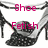 Pixelated image of a high-heeled shoe with pink text reading 'Shoe Fetish' overlaid on the shoe and background.