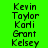 Green background with yellow horizontal bars and black text listing names in three
