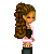 Pixel art of a woman with long curly brown hair in a side ponytail, wearing a black top and dark pants, standing against a white background.