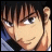 Pixelated anime-style character face with brown hair and light skin, next to stylized text on black background.