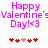 Pixelated pink text reads 'Happy Valentine's Day!<3' above red and light-red heart icons on white background.
