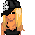 Pixelated character with blonde hair and black cap, two text in blue backgrounds with white lowercase letters