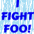 Pixelated blue text on light blue background with white noise, showing repeated 'FIGHT' and 'FOO!' phrases in a pattern