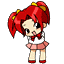Pixelated cartoon character with red pigtails and pink skirt in six sequential poses showing walking animation.