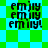 Pixelated text 'emily' repeated three times with an exclamation mark on a green and cyan checkered background.