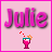 Pixelated pink icon with the name "Julie" in large stylized letters above a cocktail glass with red and orange accents on a light pink background.