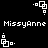 Pixel art icon with white geometric shapes on black background, featuring repeated "MissyAnne" text and four distinct animation states of a square-based figure.