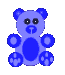 Two pixelated blue teddy bears with dark eyes and rounded ears, one with open eyes and the other with a closed eye, positioned side-by-side on a gray background.