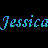 Pixelated blue martini glass with green olive above repeated cyan text 'Jessica' on black background.